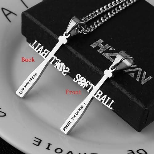HZMAN Softball Bat Cross Pendant, I CAN DO ALL THINGS STRENGTH Bible Verse Stainless Steel Necklace thumbnail 2