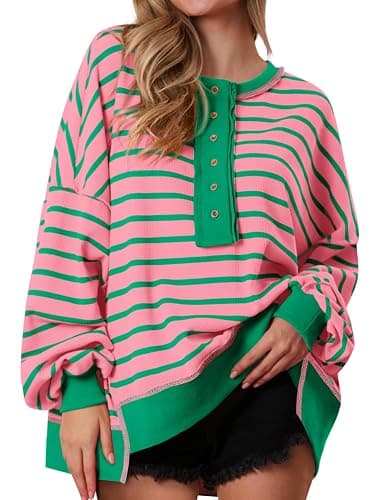 PRETTYGARDEN Womens Fall 2025 Striped Oversized Sweatshirt Long Sleeve Button Up Henley Neck Waffle Knit Pullover Tunic Tops - Image 1