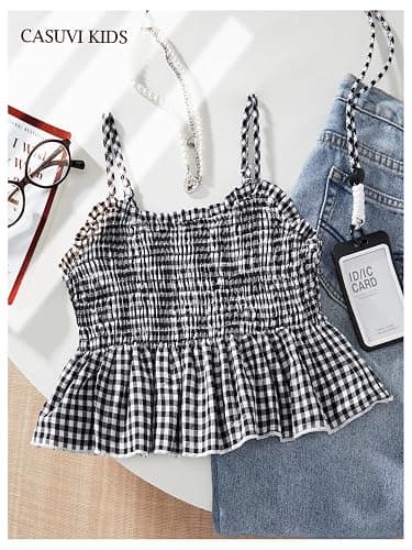 RoseSeek Girl's Y2K Gingham Peplum Cami Tops Ruffle Hem Spaghetti Strap Babydoll Plaid Summer Crop Top thumbnail 6