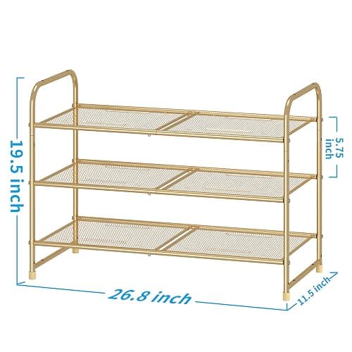 Simple Trending 3-Tier Stackable Shoe Rack, Expandable & Adjustable Shoe Shelf Storage Organizer, Metal Mesh, Gold thumbnail 3