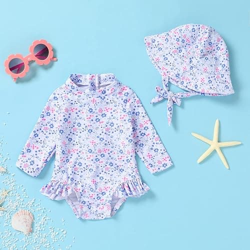 Infant Baby Girl Swimsuit One-Piece Long Sleeve Rash Guard with Hat Set Floral Zipper Bathing Suit Leopard Beach Wear thumbnail 2