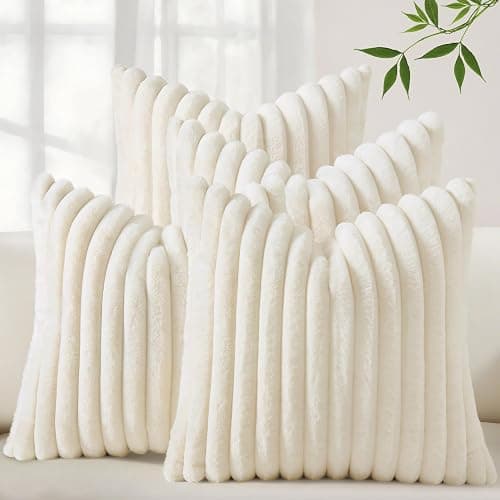 decorUhome Set of 4 Faux Fur Throw Pillow Covers 18x18 Inch Decorative Farmhouse Modern Soft Plush Striped Couch Pillow Covers with Velvet Back for Sofa, Bed, Living Room, Cream White - Image 1