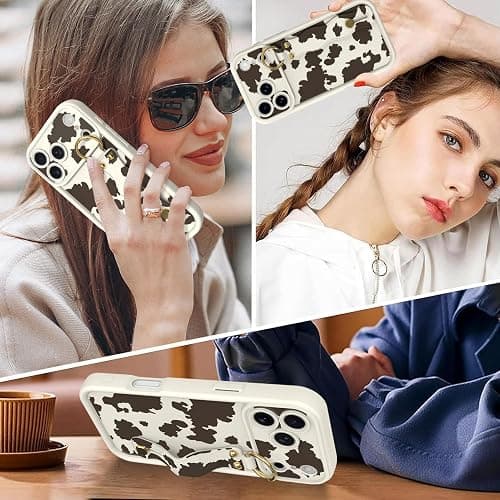 Jefonha Cute for iPhone 17 Pro Max Case with Strap Stand, Brown Milk Cow | Aesthetic Cow Animal Print, Adjustable Finger Hand Grip Holder, Kickstand Function, Durable Silicone Protective Cover thumbnail 2