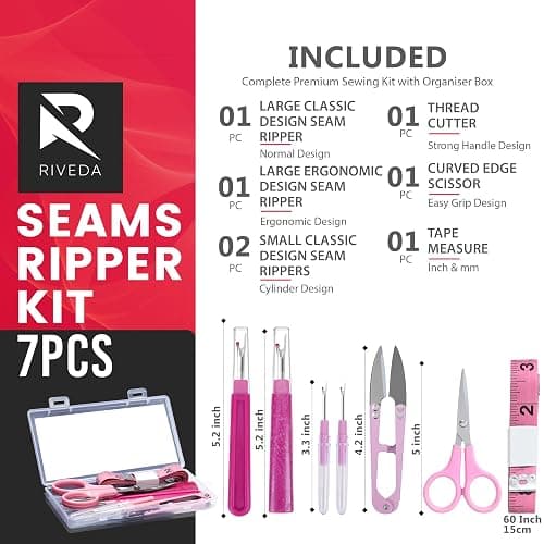 Seam Ripper Kit 7 Pcs - 1 Large, 1 Ergonomic, 2 Small Seam Rippers, Thread Cutter, Scissor, Measuring Tape - Sewing Accessories for Notions Quilting Crafts thumbnail 2