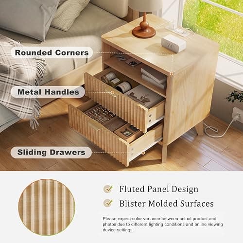 LYNCOHOME Fluted Nightstand with Charging Station, 19.7 inch Wide End Table with 2 Drawers, Modern Wood Bedside Table for Bedroom, Night Stand Set of 2,Natural thumbnail 4