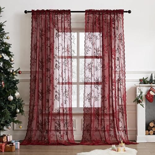 Burgundy Lace Curtains 84 Inches Long Vintage Floral Curtains 2 Panels for Bedroom Living Room Rod Pocket Light Filtering Maroon French Romantic Window Curtains Modern Wine Decor Neutral, 52x84 - 52"W x 84"L (Pack of 2) - Burgundy thumbnail 2
