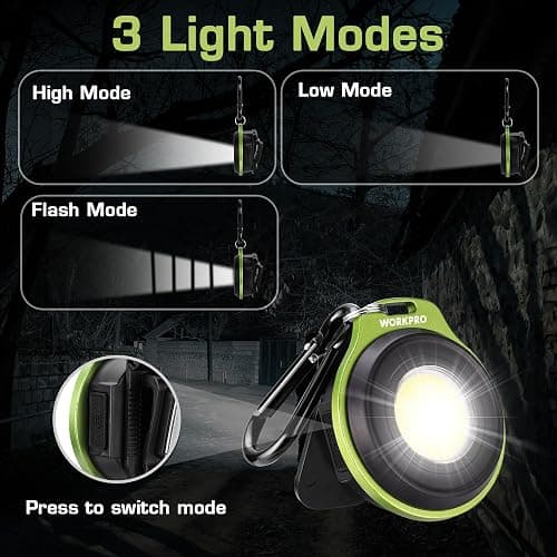WORKPRO Mini Keychain Work Light, COB Keychain Flashlight with Hat Clip, Rechargeable Magnetic EDC Carabiner Flashlight, 3 Light Modes Emergency Light for Camping, Biking and Car Repairing, Green thumbnail 2