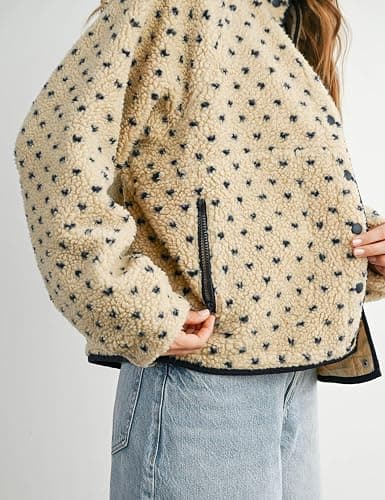 Meyhad Women's Fleece Jacket Button Down Lapel Collar Sherpa Jackets Long Sleeve Contrast Quilted Outerwear thumbnail 7