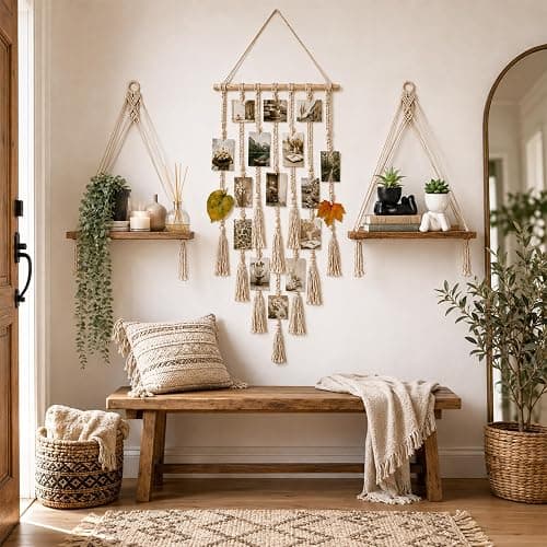 EASLIV Boho Wall Decor Set of 6, Aesthetic Room Shelf Wall Decor Indoor | 2 Pack Hanging Shelves + Hanging Photo Display with 10 Clips + 1Pcs Fake Hanging Eucalyptus + 2Pcs Fake Succulents Plants thumbnail 5