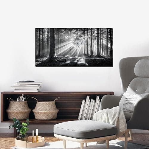 Trogonup Black and White Misty Forest Wall Art for Living Room Trees Large Nature Canvas Artwork for Bedroom Office Home Decor Ready to Hang 20"x40" thumbnail 2