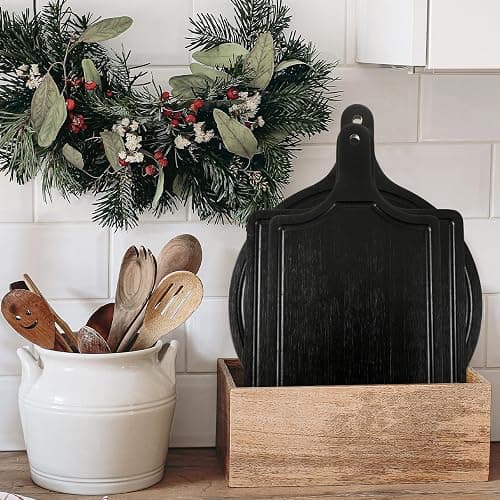 Geetery 3 Packs 12 Inch Black Wood Chopping Boards with Handle and Deep Juice Groove Small Bamboo Wooden Pizza Paddle Serving Boards Tray Charcuterie Plank Chopping for Cheese Steak Bread thumbnail 2