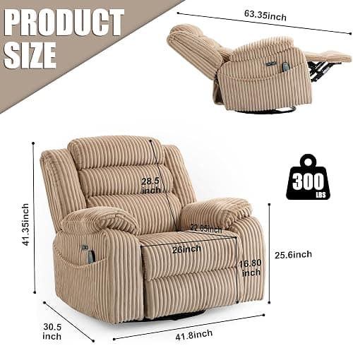 SINCRUMI Power Swivel Rocker Recliner Chair for Adults with Vibration and Heat, USB and Type-C Charging Port, Infinite Position, Electric Glider Rocking Chairs for Living Room, Nursery, Light Camel thumbnail 3