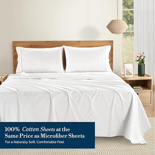 Casa Platino Twin XL Sheets Set –100% Cotton Twin XL Sheets with 2 Pillowcases, Lightweight Feel & Secure Fit, Crisp & Breathable Percale Weave with 15" Deep Pocket, Soft and Cozy – Pure White thumbnail 2