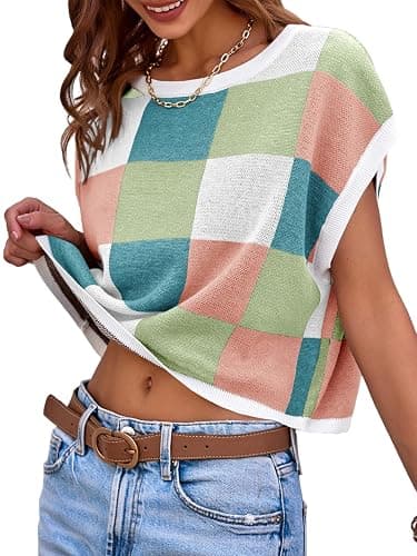Saodimallsu Womens Cap Sleeve Crop Tops Summer Color Block Going Out Crew Neck Knit Trendy Casual Sweater thumbnail 3