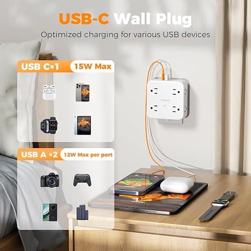 Multi Plug Outlet Extender, TESSAN Wall Surge Protector Plug Extender with 8 Sockets, Multiple Outlet Splitter with 3 USB Ports (1 USB C), Power Socket Expander with Switch for Home, Dorm, White thumbnail 4