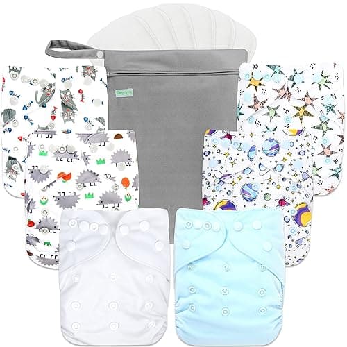 wegreeco Cloth Diapers 6 Pack with 6 Inserts & 1 Wet Bag, Washable Cloth Diapers for Babies, One Size Adjustable Reusable (Fantastic World)