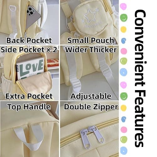 UINSUE Kawaii Backpack Double Shoulder Bag with Cute Star Removable Pouch Small Clear Front Pocket Large Capacity Fits 16" Laptop Dopamine Colors Daypack (Pink) thumbnail 7