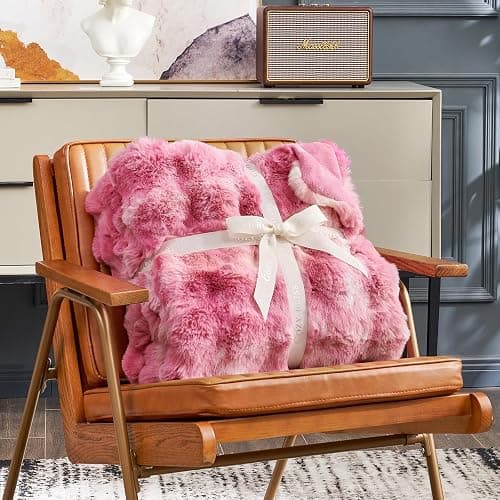 Cozy Bliss Faux Fur Throw Blanket for Couch, Bubble Plush Blanket Queen Size, Fuzzy Soft & Thick Blanket for Bed Sofa Living Room, 90x90 Inches Tie-dye Pink thumbnail 6