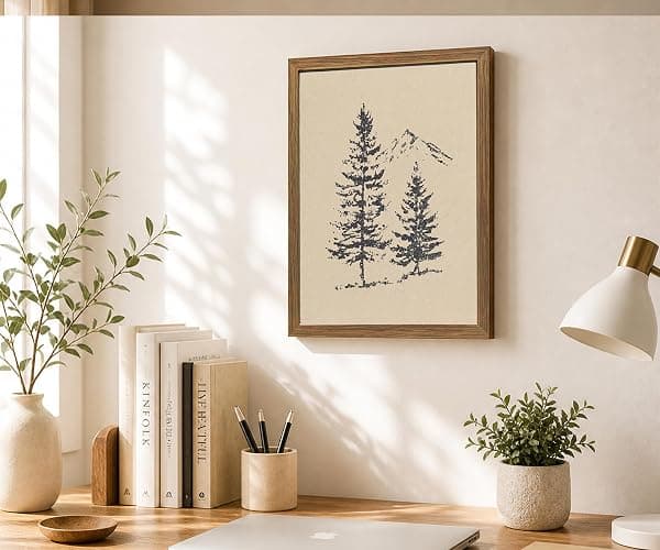 Framed Forest Pine Tree Wall Art Print Canvas, Rocky Mountain Landscape Drawing Poster, Minimalist Spruce Tree Painting Picture, Rustic Nature Wall Decor for Living Room Bedroom Cabin Office12x16In thumbnail 4