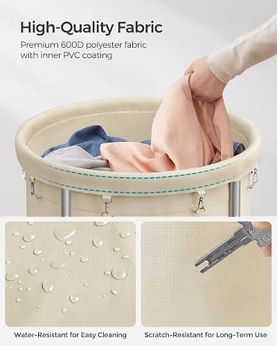 SONGMICS 50.2-Gallon (190 L) Laundry Basket with Wheels, Rolling Round Heavy-Duty Laundry Hamper Cart with Steel Frame and Removable Bag, 2 Locking Wheels, Cream White and Metallic Silver URLS01MZ thumbnail 6