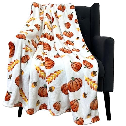 Home Decor Farmhouse Fall Fleece Throw Blanket: Harvest Pumpkins Leaves and Wheat on Velvet Fleece, Oversized Measures 70" inches x 50" inches | Oversized, Fall, Harvest, Home Decor - Image 1