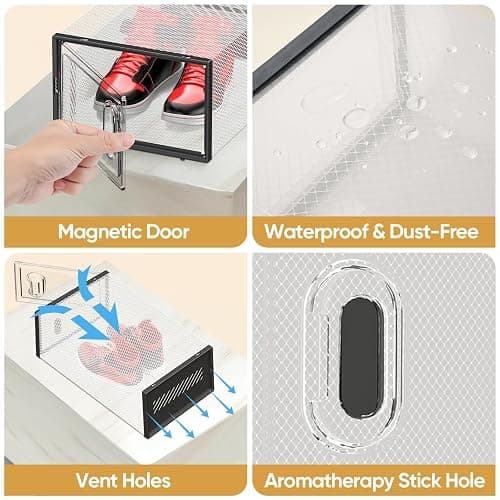 BALEINE 12 Pack Stackable Shoe Storage Boxes Fit Size 9, Thickened Clear Shoe Box Bins with Lids, Plastic Foldable Organizer Sneaker Storage Containers (Large, Black) thumbnail 3