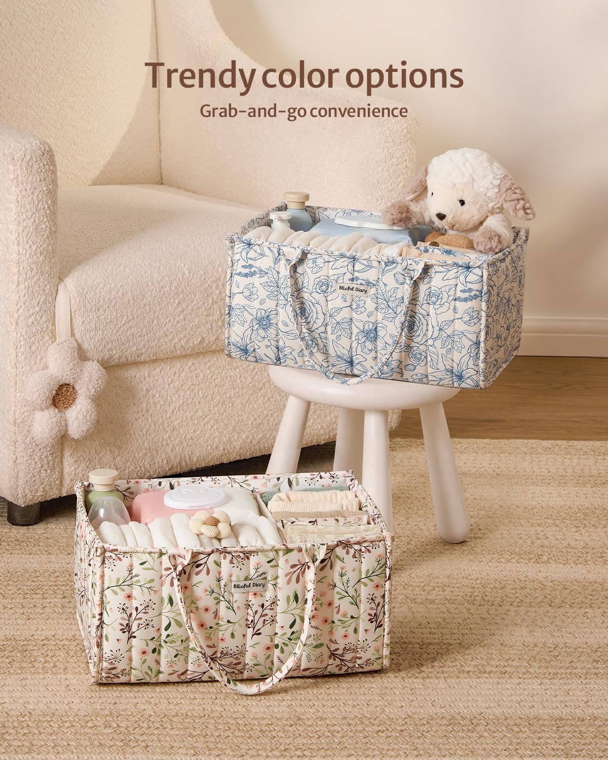 Blissful Diary Baby Nappy Caddy Organiser, Stylish Baby Diaper Caddy Storage Basket for Newborn Essentials and Diaper Station, Pastoral Daisy thumbnail 8