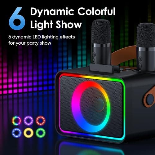 Portable Bluetooth Karaoke Machine with 2 Wireless Microphones Power Amplifiers for Adults & Kids Toys with LED,Karaoke Microphones Power Amplifiers Supports USB/TF/AUX,Gift for Party (Black) thumbnail 4
