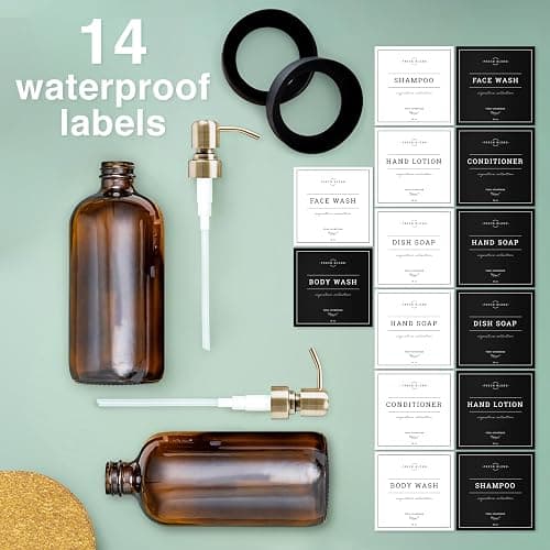 Vine Creations Amber Glass Soap Dispenser, 2 Pack Kitchen Soap Dispenser Set with Stainless Steel Pump, 16 oz Dish Soap and Hand Soap Dispensers for Bathroom with Waterproof Labels and Protective Pads thumbnail 5