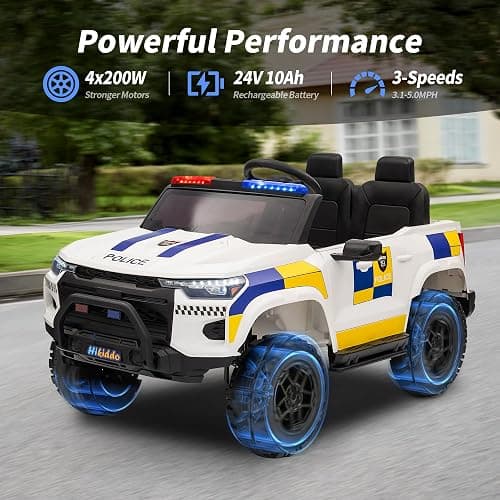 Hikiddo Electric Police Car for Kids 2 Seater, 24V 10AH Ride on Toy for Big Kids with Remote Control, 4x200W Motors, 5mph Max Speed - White thumbnail 5