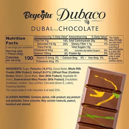 Beyoglu Dubaco Dubai Chocolate Bar Pistachio 7.05 Oz (Pack of 1), Luxury & Premium Dubai Milk Chocolate Bar Filled with Pistachio Butter & Shredded Knafeh Kadayif thumbnail 2