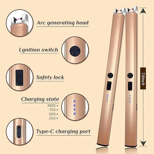 2 PCS Candle Lighter,Windproof Flameless Electric Lighter with LED Power Display ＆ Safety Switch, Upgraded Plasma USB Rechargeable Lighters for Birthday Camping BBQ (Champagne Gold) thumbnail 6