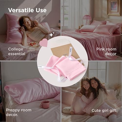 Bedsure Satin Pillowcase for Hair and Skin Queen, Similar to Silk Pillow Cases, Pillow Cases Set of 2 with Envelope Closure, Pink Christmas Room Decor Essentials, 20x30 Inches, 2pcs thumbnail 7