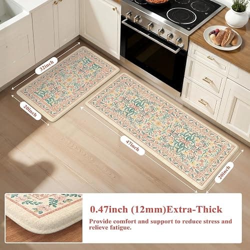 Collive Kitchen Mats Cushioned Anti Fatigue, Waterproof Kitchen Floor Mat Non Slip Desk Rugs Comfort Standing Rug, Pink Floral Carpets for Sink, Office, Laundry, Home Decor, 20" x 47" + 20" x 32" thumbnail 2