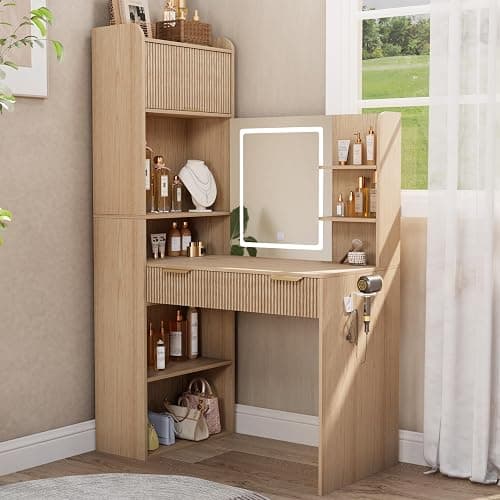 Royal Windsor Makeup Vanity Desk with Mirror and Lights, Corner Vanity Desk, 3 Color Touch Screen Led Mirror, High-Capacity Storage, Girls Vanity Combo，Natural Oak thumbnail 2