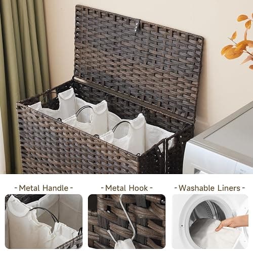 Laundry Hamper with Wheels, 52.8 Gallon(200L) Rolling Laundry Basket with Lid, 3-Section Rattan Clothes Hamper with 3 Removable Liner & 3 Mesh Bags, Laundry Sorter with Side Pocket, Brown thumbnail 5