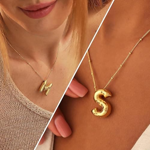 Qyalie Chunky Bubble Initial Letter Necklace for Women Balloon Statement Dainty Alphabet Pendant 14K Gold Plated Puffy Name Personalized Jewelry thumbnail 2