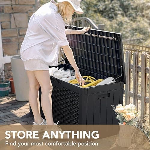 Devoko 100 Gallon Waterproof Large Resin Deck Box Indoor Outdoor Lockable Storage Container for Patio Furniture Cushions Garden Tools (100 Gallon, Black) thumbnail 8
