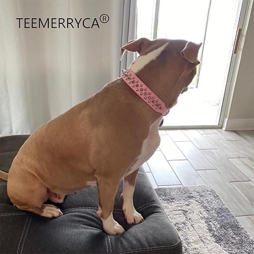 TEEMERRYCA Adjustable Leather Spiked Studded Dog Collars with a Squeak Ball Gift for Small Medium Large Pets Like Cats/Pit Bull/Bulldog/Pugs/Husky, Pink, L(15"-18.5") thumbnail 6