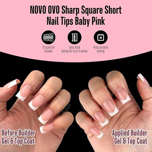 NOVO OVO Short Sharp Square White French Tip Nail Tips Press on BABY PINK, Need Builder Gel Top Coat Nail Glue, Soft Gel Fake Nail Extension, Full Cover False Nails for Salon DIY x 15 Sizes 240 pcs thumbnail 7