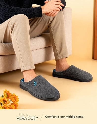 VeraCosy Men's Two-Tone Memory Foam House Slippers Indoor Outdoor Durable Rubber Sole thumbnail 2