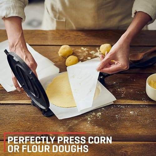 Uno Casa Cast Iron Tortilla Press 10 Inch - Tortilla Maker Press, Pre-Seasoned Roti Maker with 100 Pcs Parchment Paper - Heavy Duty Quesadilla Maker for Homemade Flatbreads, Rotis, Empanadas thumbnail 5