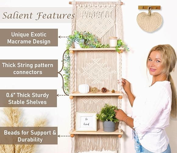 Induslyfe Macrame Wall Hanging Shelf 3 Tier Boho Wall Plant Hanger Shelves, Handmade of Woven Rope Boho Shelves Organizer for Living Room Bathroom Home Storage Floating Plant Rack Bohemian décor thumbnail 7