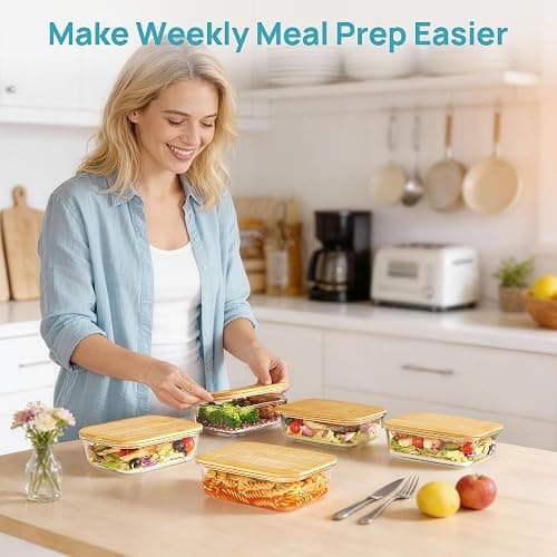Vtopmart 5 Pack Glass Food Storage Containers with Bamboo Lids, 35oz | Reusable Meal Prep Containers for Leftovers, Lunch & Kitchen Storage, Microwave, Dishwasher Safe Glass Food Containers thumbnail 2