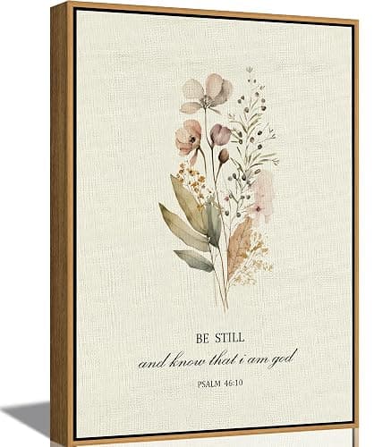 Be Still and Know That I am God - Psalm 46:10 Framed Canvas Wall Art, Watercolor Wildflower Bible Verse Print, Christian Religious Wall Decor for Bedroom Living Room, 8x10 Inch Natural Wood Frame - Image 1