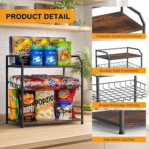 3 Tier Adjustable Snack Organizer for Countertop Wood Metal Rack | Large capacity snack stand, adjustable shelf & stable feet for kitchen pantry, office snack station & retail candy thumbnail 3