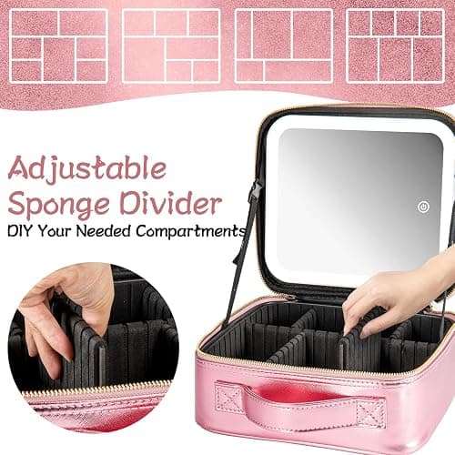 Extrei Gent Makeup Travel Train Case with Mirror LED Light 3 Adjustable Brightness Large Cosmetic Bag Portable Storage Adjustable Partition Waterproof Makeup Brushes Make up Jewelry Gift for Women - Roses thumbnail 4