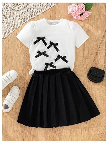 RoseSeek Girl's 2 Piece Preppy Summer Outfits 3D Bowknot T Shirt and Mini Pleated Skirts Clothing Set thumbnail 3