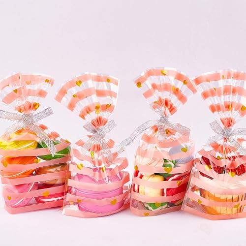 JOERSH 100 Pack Pink Cellophane Treat Bags 8.1" x 5" Bottom Gusset Pink Plastic Candy Bags with Twist Ties for Valentine, Birthday, Gift Goodie Cookie Snack Party Favor Supplies thumbnail 5