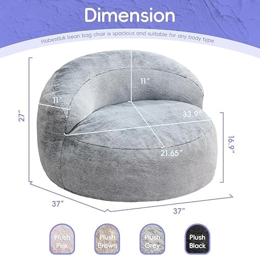 Hobestluk Giant Memory Foam Bean Bag, No-Assembly, Plush Grey Single | High Density Memory Foam, Washable & Removeable Cover, Durable Zipper, Skin Friendly Fabric, Soft Faux Fur, No Assembly thumbnail 2